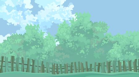 summer deciduous forest behind wooden curved fenceのイラスト素材
