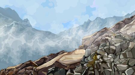 painted rocky slope in the fog among the mountains. Vector imageのイラスト素材