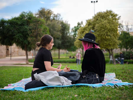 horizontal full view of two women sitting on a picnic blanket in the parkの写真素材