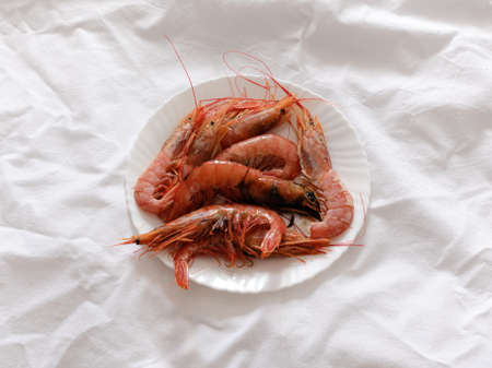 Plate with raw shrimps on top of a white rough paper surfaceの写真素材