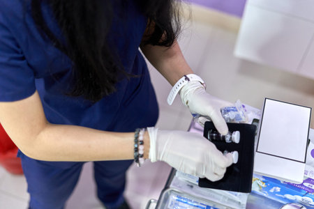 Doctor picking up two bottles of solution from a box for a facial treatmentの写真素材