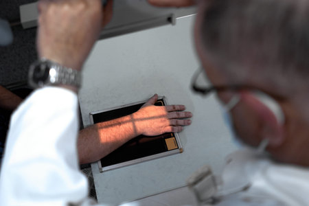 Doctor working with a x-ray machine taking images of the hand of a patient