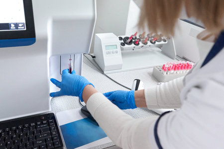 Technician centrifuging the blood of a sample in the laboratory