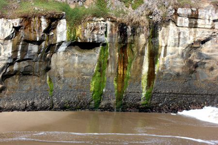 Rock formations along Natural Bridges Beach California, forming natural bridges, frequented by sea gulls, great enjoyment for touristsの写真素材