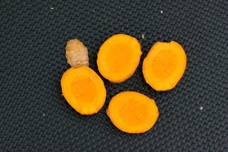Section of rhizome of Yellow Turmeric, Curcuma longa, orange yellow inside, dried powder used in curries, medicinal and coloring material.の写真素材