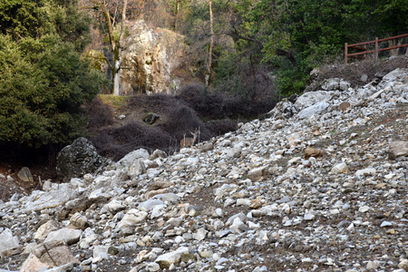 Debris slides on slopes of Shasta caverns in Shasta-Trinity National Forest, hazardous especially when rainy condition.の写真素材