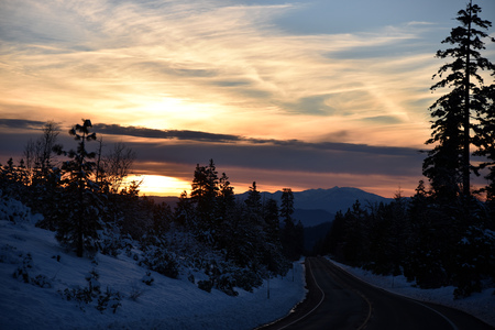 Sunset view from Shasta Road on Christmas day, snow covered slopes and pine trees, orange clouds above mountains and blue sky.の写真素材