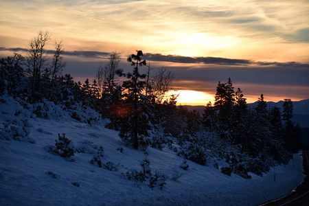 Sunset view from Shasta Road on Christmas day, snow covered slopes and pine trees, orange clouds above mountains and blue sky.の写真素材
