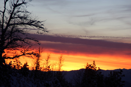 Sunset view from Shasta Road on Christmas day, snow covered slopes and pine trees, orange clouds above mountains and blue sky.の写真素材