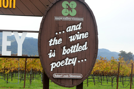 Welcome Sign, Napa Valley, California, ...and the wine is bottled poetry, welcoming tourists, and place to click photos.のeditorial素材