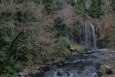 Mossbrae falls in Dunsmuir, California, beautiful waterfalls in Shasta Cascade area, 15 m high and 53 m wide, fed by springs, flow into Sacramento river.の写真素材