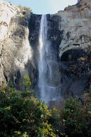 Bridalveil Fall, Yosemite National Park, California, zoomed in view from Parking Lot,  189 m high waterfall with light swaying flow on November 23, thickest and thundering in springの写真素材
