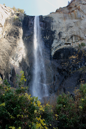 Bridalveil Fall, Yosemite National Park, California, zoomed in view from Parking Lot,  189 m high waterfall with light swaying flow on November 23, thickest and thundering in springの写真素材