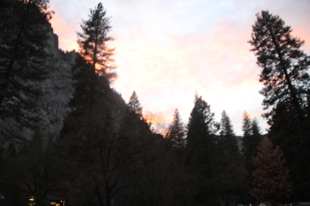 Sunset View of valley between Half Dome and Washington Column, view from Curry Village Half Dome Parking, with last orange red rays of Sun on crowns of conifer treesの写真素材