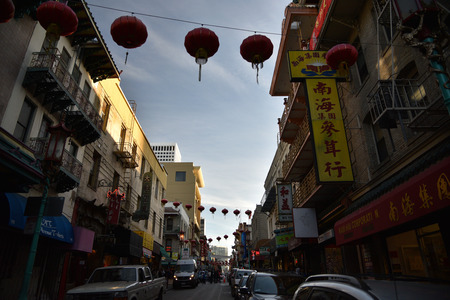 Chinatown in evening, San Francisco, California, USA, December 27, 2017, oldest Chinatown in North America, largest Chinese enclave outside Asia, established 1848, a major tourist attraction.のeditorial素材