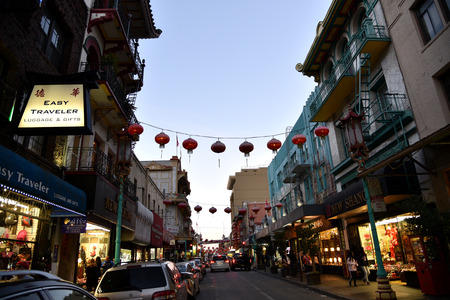 Chinatown in evening, San Francisco, California, USA, December 27, 2017, oldest Chinatown in North America, largest Chinese enclave outside Asia, established 1848, a major tourist attraction.のeditorial素材