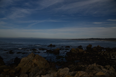 Point Joe, Pebble Beach, 17 Mile Drive, California, USA, scenic point with large rocks, providing pleasant view of surfing sea, whales and migratory birds.の写真素材