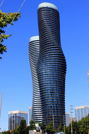 Absolute World, twin towers skyscraper Residential Complex, MissiSSauga, Ontario, Canada, construction completed in 2012, larger tower twisted 209 degrees from base to top, nicknamed Marilyn Monroe Towers.のeditorial素材