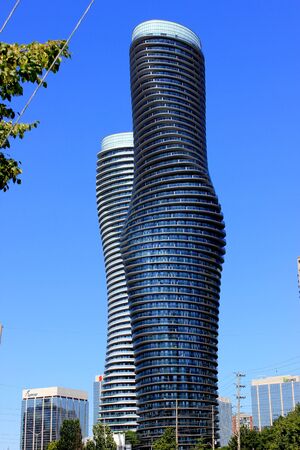 Absolute World, twin towers skyscraper Residential Complex, MissiSSauga, Ontario, Canada, construction completed in 2012, larger tower twisted 209 degrees from base to top, nicknamed Marilyn Monroe Towers.のeditorial素材