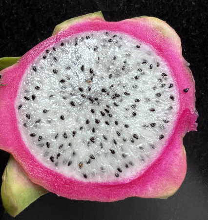 Cross section of Dragon Fruit, Selenicereus undatus showing white fresh, small black seeds and pink to red skin, grown as ornamental vine as well as food crop.の写真素材