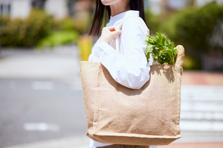 Japan woman housewife with shopping bag walking in apartment complex