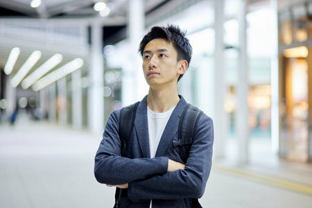 Young businessman and night stationの写真素材