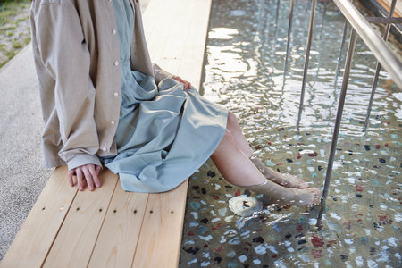 Japan woman enjoying foot bathの写真素材