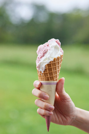 Japan woman eating gelato at a ranchの写真素材