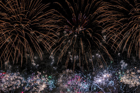 Multicolored Fireworks on black background for celebration design. Abstract holiday firework display background.の写真素材