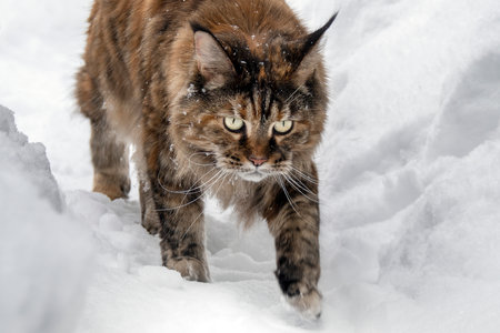Grey Maine coon cat walks on the snow.の写真素材