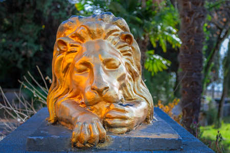 Abkhazia, Gagra, 06.01.2021 - Sculpture of a sleeping lion in the park. Golden lion sleeping with his head on his paws, front view.のeditorial素材