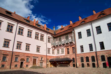 08.09.2021, Belarus- The inner courtyard of Mir castle of the 16th century with towers.のeditorial素材