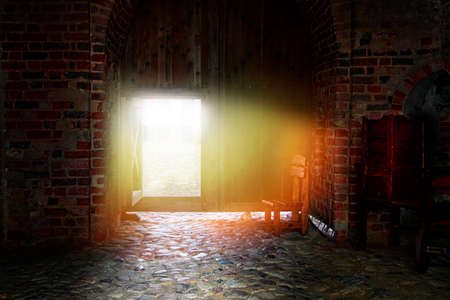 The sun's rays, the flow of light through the door into the interior of the castle.の写真素材