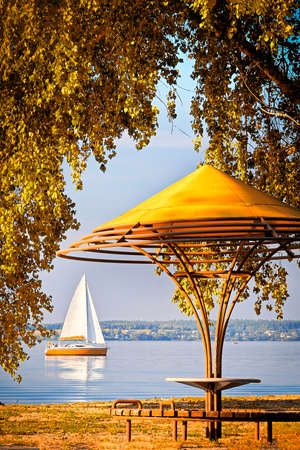 Gazebo surrounded by tree branches on the bay with a sailing yacht on the horizon. Autumn landscape on a sunny day.の写真素材