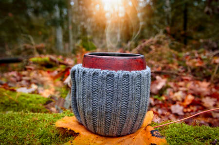 Hot tea on a walk in the autumn sunny forest. Clay mug in woolen knitted cover stands on green moss. Steam from the mug on the background of autumn forest and sunlight.の写真素材