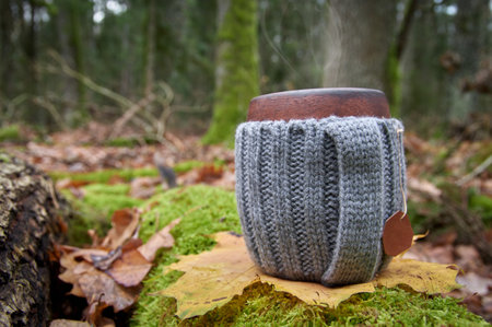 Clay mug in woolen knitted cover. Steam from the mug on the dark background of autumn forest and sunlight, close up.の写真素材