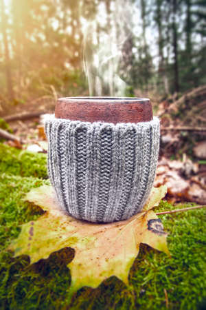 Clay mug in woolen knitted cover. Steam from the mug on the background of autumn forest and sunlight, close up.の写真素材