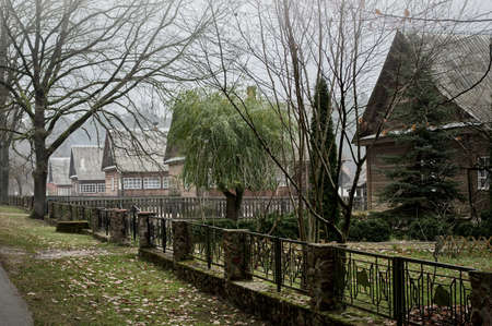Late autumn in the village. Foggy cloudy dayの写真素材