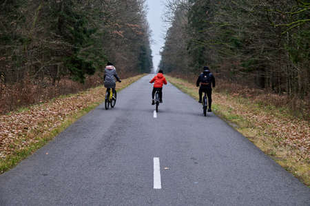 Family cycling in autumn park. Dad, Mom, son.の写真素材