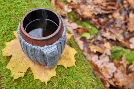 Clay mug in woolen knitted cover. Steam from the mug on the sunny background of autumn forest. Top view.の写真素材