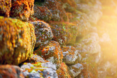 Masonry, selective focus. A wall of old muddy rough stones in the sunlight.の写真素材
