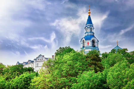 Valaam Monastery of the Transfiguration of the Savior on Vallam Island. View from the pier to the main temple of the monasteryの写真素材