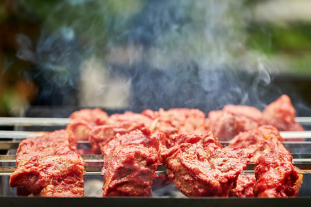 Meat skewers on coals. Smoke over pieces of meat on skewers close-up, selective focusの写真素材