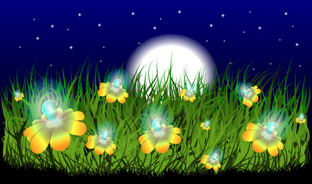 creative illustration of grass with flowers with the light bulb moon svetom.Kontseptsiya eco-friendly energy sourcesのイラスト素材
