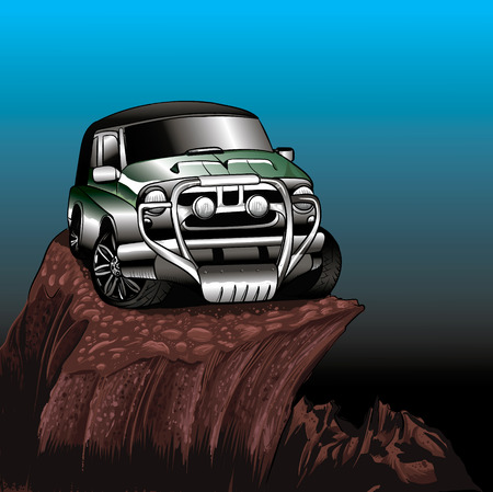 Green Jeep SUV on a high mountainのイラスト素材