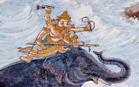 Vintage traditional Thai style art painting on temple for background, Generality in Thailand, any kind of art decorated in Buddhist church etc  created with money donated by people, no restrict in copy or useのeditorial素材