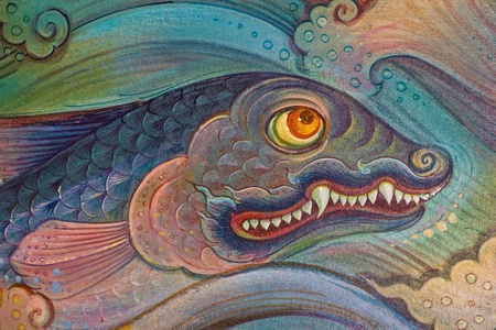 Vintage traditional Thai style art painting on temple for background, Generality in Thailand, any kind of art decorated in Buddhist church etc  created with money donated by people, no restrict in copy or useの写真素材