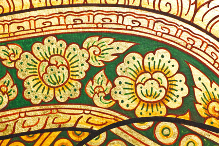 Vintage traditional Thai style art painting on temple for background, Generality in Thailand, any kind of art decorated in Buddhist church etc  created with money donated by people, no restrict in copy or useのeditorial素材