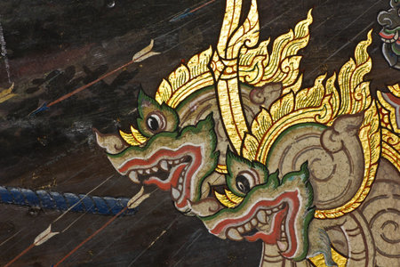 Vintage traditional Thai style art painting on temple for background, Generality in Thailand, any...