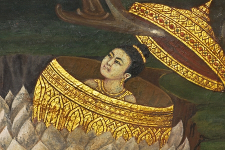Vintage traditional Thai style art painting on temple for backgroundのeditorial素材